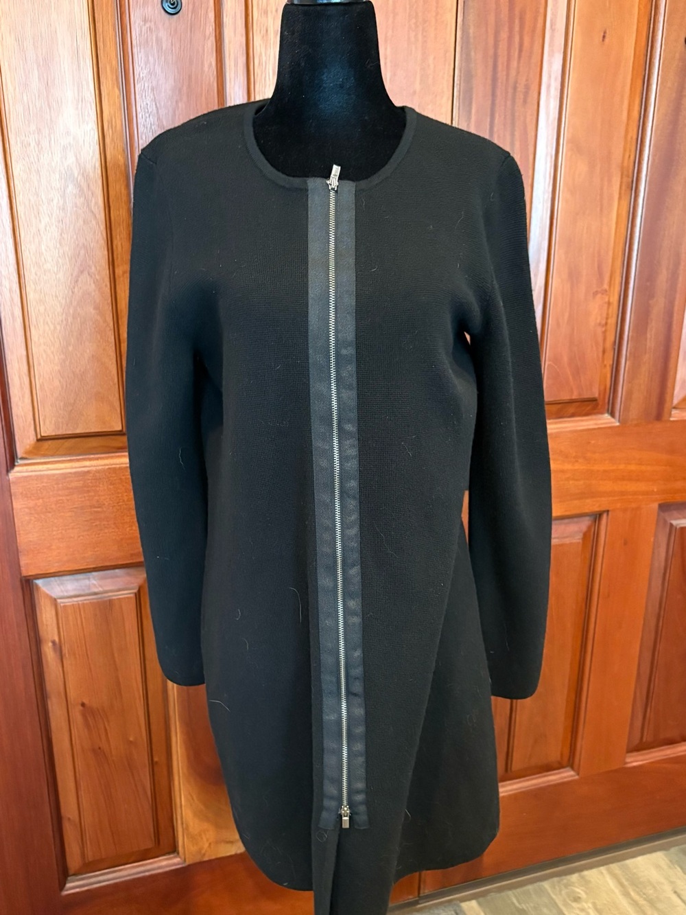 Talbots 100% Merino Wool Dress M Black Knit Tunic Sweater Front Zip Long Sleeve